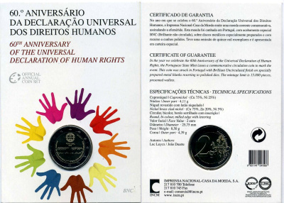 Португалия 2 евро 2008 60 лет Декларации по правам человека, запайка, картонный буклет KM 784 биметалл BUNC 3-4-8-38