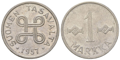 Финляндия 1 марка 1957 KM 36a сталь плакированная железом 4173-1124