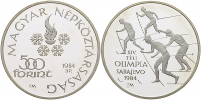 Венгрия 500 форинтов 1984 XIV зимние Олимпийские игры в Сараево, лыжники KM 641 серебро 1068-10-13