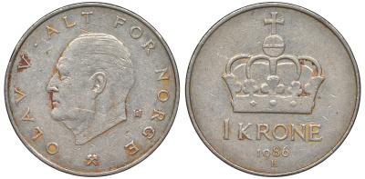 Норвегия 1 крона 1986 Олаф V KM 419 медно-никель 25-2222