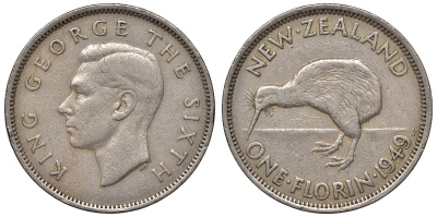 Новая Зеландия 1 флорин 1949 птичка киви, Георг VI KM 18 медно-никель    4117-441