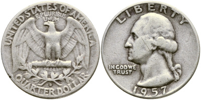 США 25 центов = квотер 1957 D, Вашингтон KM 164 серебро 4388-413