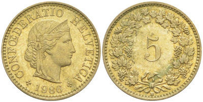ШВЕЙЦАРИЯ 5 РАППЕНОВ 1986 В KM 26с алюминий латунь 4549-566