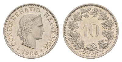 Швейцария 10 раппенов 1988 B KM 27 медно-никель 4547-165