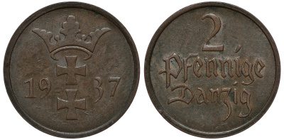 Данциг 2 пфеннига 1937 J. D3, KM 141 бронза 1526-1132