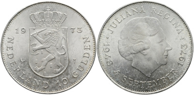 Нидерланды 10 гульденов 1973 25 лет правления королевы Юлианы KM 196 серебро UNC 413-3542