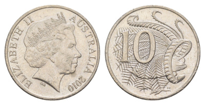 Австралия 10 центов 2010 Елизавета II (1952-2022), птица лирахвост KM 402 медно-никель 4525-445