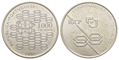Португалия 1000 эскудо 1997 200 лет Государственному кредитованию KM 703 серебро BU 1088-1-52