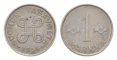 Финляндия 1 марка 1954 KM 36a железо плакированное никелем 4647-431