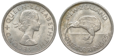 Новая Зеландия 1 флорин 1965 Елизавета II (1952-2022), птичка киви KM 28.2 медно-никель XF-UNC 51-717