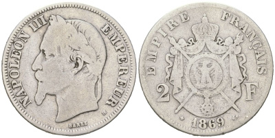 Франция 2 франка 1869 BB, Наполеон III (1852-1870) KM 807.2 серебро 4616-541