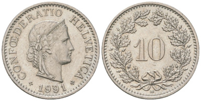 Швейцария 10 раппенов 1991 B KM 27 медно-никель 220-952