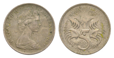 Австралия 5 центов 1977 Елизавета II (1952-2022) молодой портрет, ехидна KM 64 медно-никель 4152-251