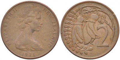 Новая Зеландия 2 цента 1971 Елизавета II (1952-2022), два цветка каухаи KM 32.1 бронза 214-838