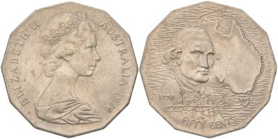 Австралия 50 центов 1970 200 лет австралийскому путешествию капитана Кука KM 69 медно-никель UNC 4517-116