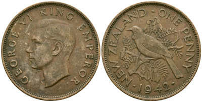 Новая Зеландия 1 пенни 1942 Георг VI (1936-1952), новозеландский туи KM 13 бронза 4165-1211