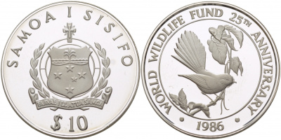 Самоа 10 тала 1986 25 лет WWF, самоанский куриный голубь KM 72 серебро PROOF 1068-5-62
