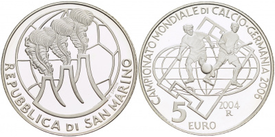 Сан-Марино 5 евро 2004 R, чемпионат мира по футболу в Германии 2006 KM 462 серебро PROOF 1087-3-61