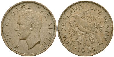 Новая Зеландия 1 пенни 1952 Георг VI (1936-1952), новозеландский туи KM 21 бронза 4120-114