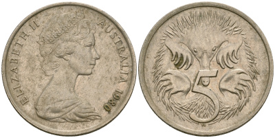 Австралия 5 центов 1980 Елизавета II (1952- ), ехидна KM 64 медно-никель 4608-825