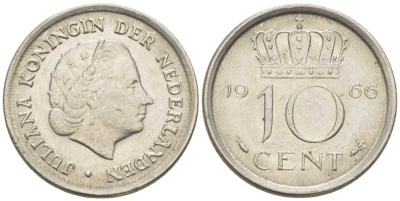 НИДЕРЛАНДЫ 10 ЦЕНТОВ 1966 ЮЛИАНА (1948-1980) KM 182 никель 214-1219