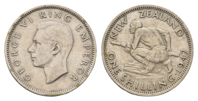 Новая Зеландия 1 шиллинг 1947 Георг VI (1936-1952), год-тип, абориген KM 9a медно-никель 4671-523