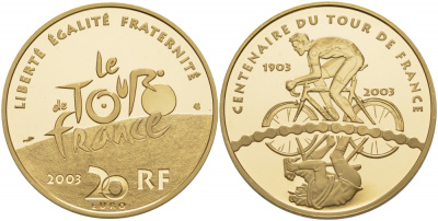 Франция 20 евро 2003 100 лет Тур де Франц, логотип KM 1334 золото PROOF 00-000-00
