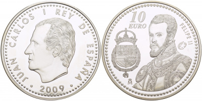 Испания 10 евро 2009 Филипп II король Испании из династии Габсбургов KM 1214 серебро  PROOF  11-166-31