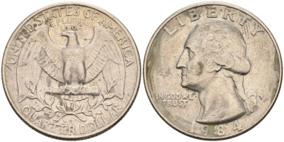 США 25 центов (квотер) 1984 P, Вашингтон KM A164a медь плакированная медно-никелем 92-1227