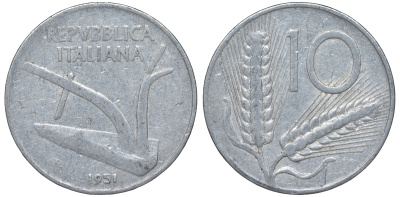 Италия 10 лир 1951 R, колосья KM 93 алюминий 4543-424