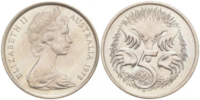 АВСТРАЛИЯ 5 ЦЕНТОВ 1978 ЕЛИЗАВЕТА II, МОЛОДОЙ ПОРТРЕТ, ЕХИДНА KM 64 медно-никель UNC 44-928