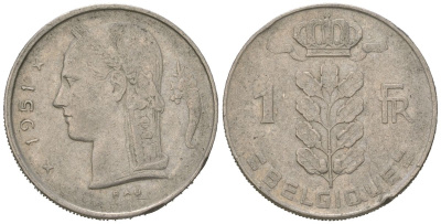 Бельгия 1 франк 1951 Belgique, Бодуэн I (1951-1993) KM 142 медно-никель 4618-458