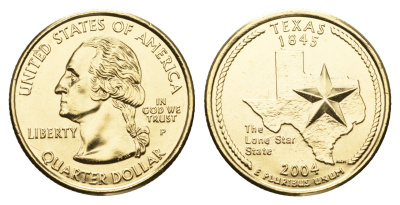 США 1/4 доллара (25 центов) 2004 Квотер штата Техас KM 357 медь плакированная золотом UNC 11-117-56