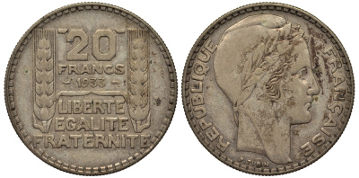 Франция 20 франков 1933 Пьер Тюрен KM 879, Le Franc 400.3 серебро 413-3441