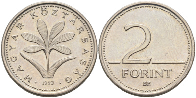 ВЕНГРИЯ 2 ФОРИНТА 1993 ВР KM 693 медно-никель UNC 4564-148