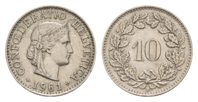 Швейцария 10 раппенов 1961 B KM 27 медно-никель 4625-257
