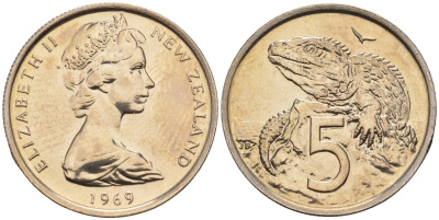 Новая Зеландия 5 центов 1969 Елизавета II (1952-2022), ящерица гаттерия KM 34 медно-никель UNC 4143-1057