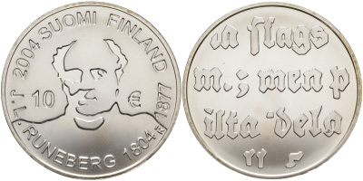 Финляндия 10 евро 2004 200 лет со дня рождения Йохана Людвига Рунеберга, поэт KM 115 серебро  UNC 11-114-14