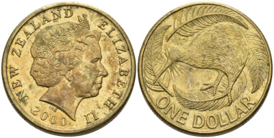 Новая Зеландия 1 доллар 2000 Елизавета II (1952-2022), птица киви  KM 120 алюминиевая бронза 29-811