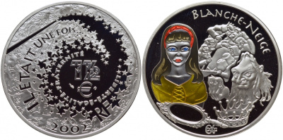 Франция 1 1/2 евро 2002 серия сказки, Белоснежка и семь гномов, эмаль KM 1840 серебро PROOF 11-144-11