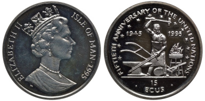 Остров Мэн 15 экю 1995 50 лет ООН, Елизавета II (1952-2022) KM 714 серебро PROOF 1528-214