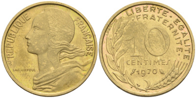 Франция 10 сантимов 1970 тип Марианна KM 929 медь алюминий никель 4594-1158