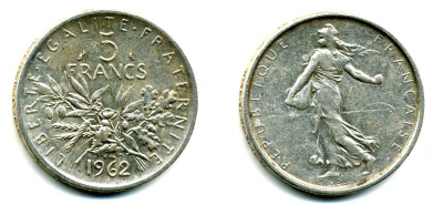 Франция 5 франков 1962 сеятель KM 926, LE FRANC 340.6 серебро 37-826