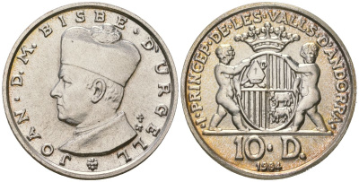 Андорра 10 динеров 1984 Жоан Марти-и-Аланис. Епископ Уржеля, тираж 7500 экз. KM 17 серебро BU 4606-625