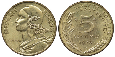 Франция 5 сантимов 1978 тип Marianne KM 933, Le Franc 125.14 медь алюминий никель 4124-334