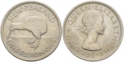 Новая Зеландия 1 флорин 1965 Елизавета II (1952-2022), птичка киви KM 28.2 медно-никель UNC 51-132