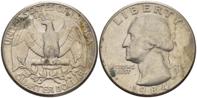 США 25 центов (квотер) 1984 D, Вашингтон KM А164а медь плакированная медно-никелем 31-744