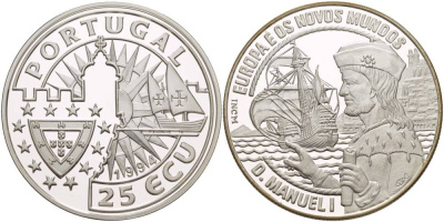 ПОРТУГАЛИЯ 25 ЭКЮ 1994 СЕРИЯ ЕВРОПА И НОВЫЙ СВЕТ, МАНУЭЛЬ I серебро PROOF 00-00