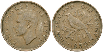Новая Зеландия 1 пенни 1950 Георг VI (1936-1952), новозеландский туи KM 21 бронза 4536-126