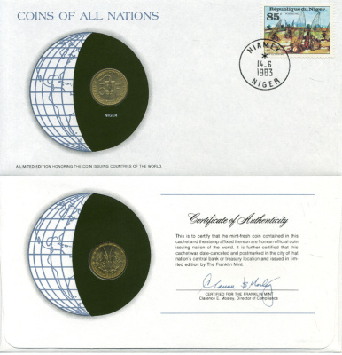 ВАЛЮТНЫЙ СОЮЗ СТРАН ЗАПАДНОЙ АФРИКИ, НИГЕР 5 ФРАНКОВ 1982 конверт с маркой первого дня гашения, Coins of Nations KM 2а алюминиевая бронза UNC 4294-57-3
